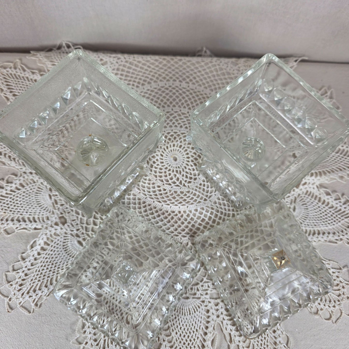Vintage Clear Glass Pedestal Candy Dish Set of 2 Lidded Compote Pressed Glass Trinket Dish