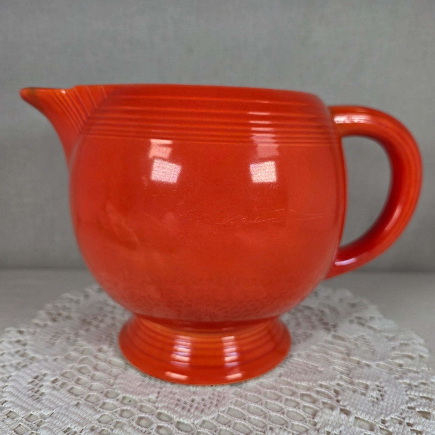 Vintage Fiesta Red Ice Lip Pitcher 9 1/2" Wide & 7" Tall Art Deco Style Ceramic Collectible Display-Ready