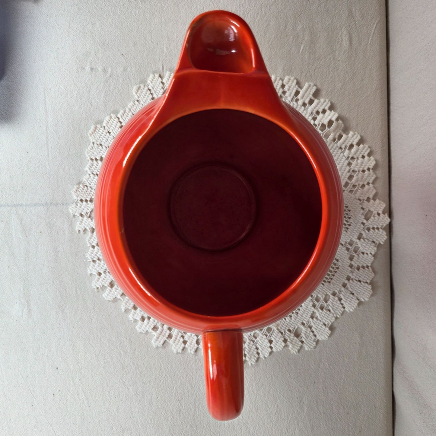 Vintage Fiesta Red Ice Lip Pitcher 9 1/2" Wide & 7" Tall Art Deco Style Ceramic Collectible Display-Ready