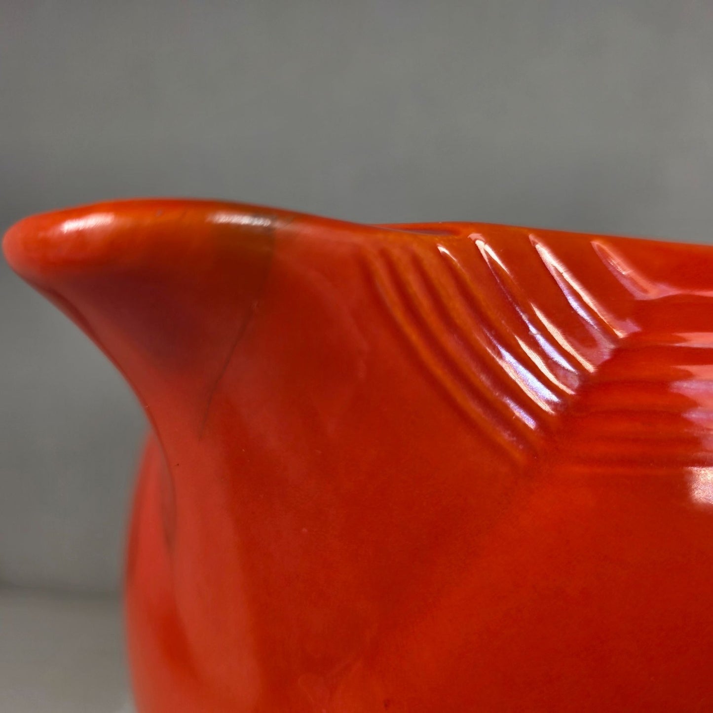 Vintage Fiesta Red Ice Lip Pitcher 9 1/2" Wide & 7" Tall Art Deco Style Ceramic Collectible Display-Ready