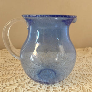 Vintage Cobalt Handblown Bubble Glass Pitcher With Clear Applied Handle