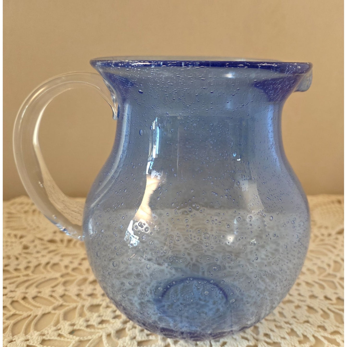 Vintage Cobalt Handblown Bubble Glass Pitcher With Clear Applied Handle