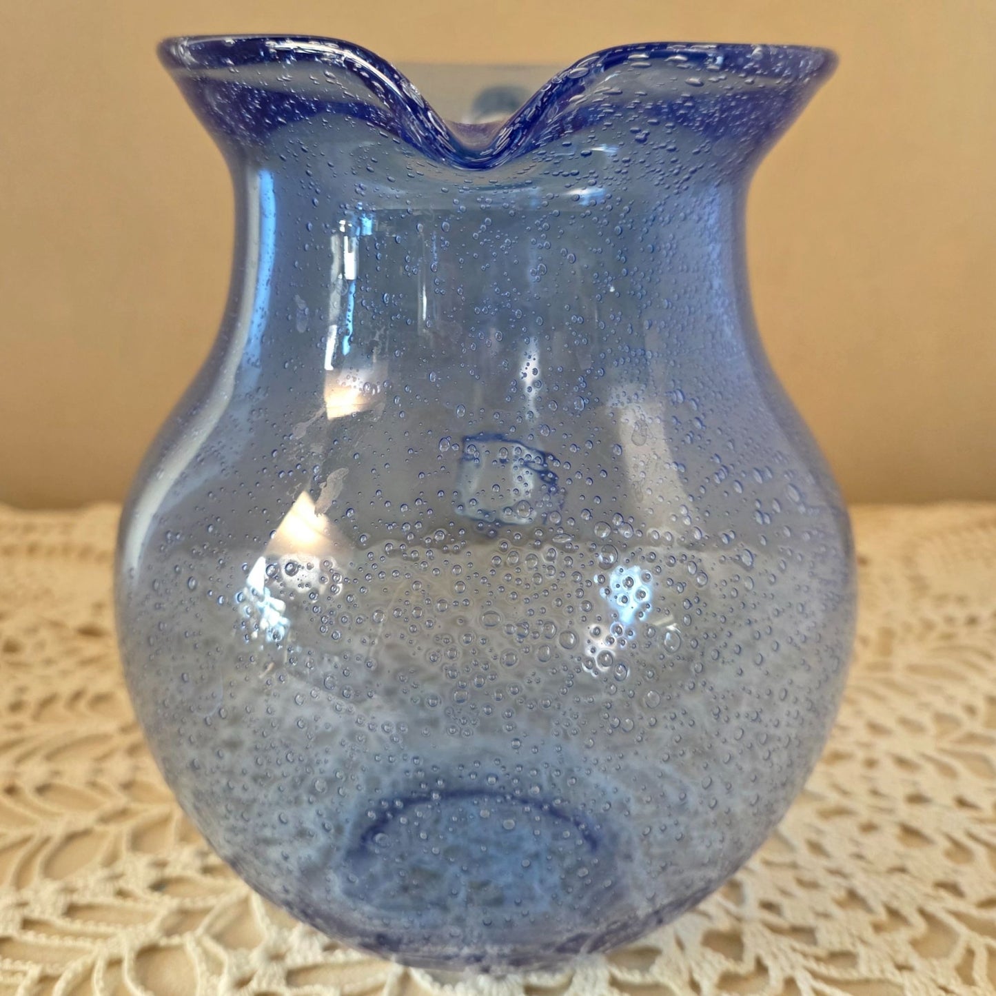 Vintage Cobalt Handblown Bubble Glass Pitcher With Clear Applied Handle