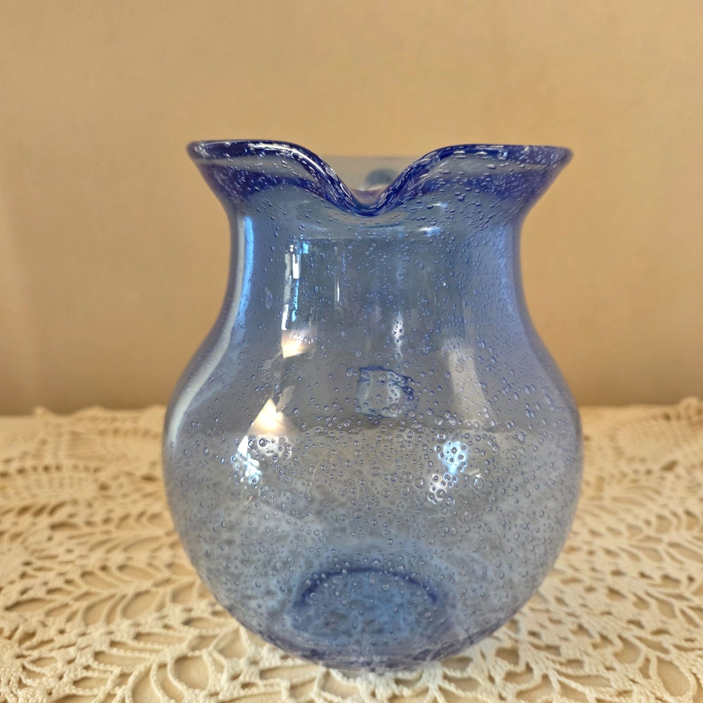 Vintage Cobalt Handblown Bubble Glass Pitcher With Clear Applied Handle