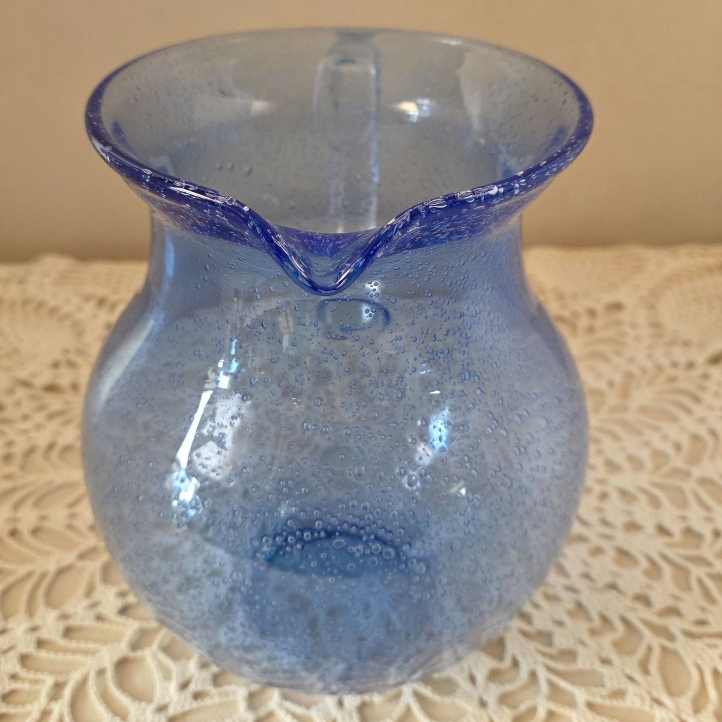Vintage Cobalt Handblown Bubble Glass Pitcher With Clear Applied Handle