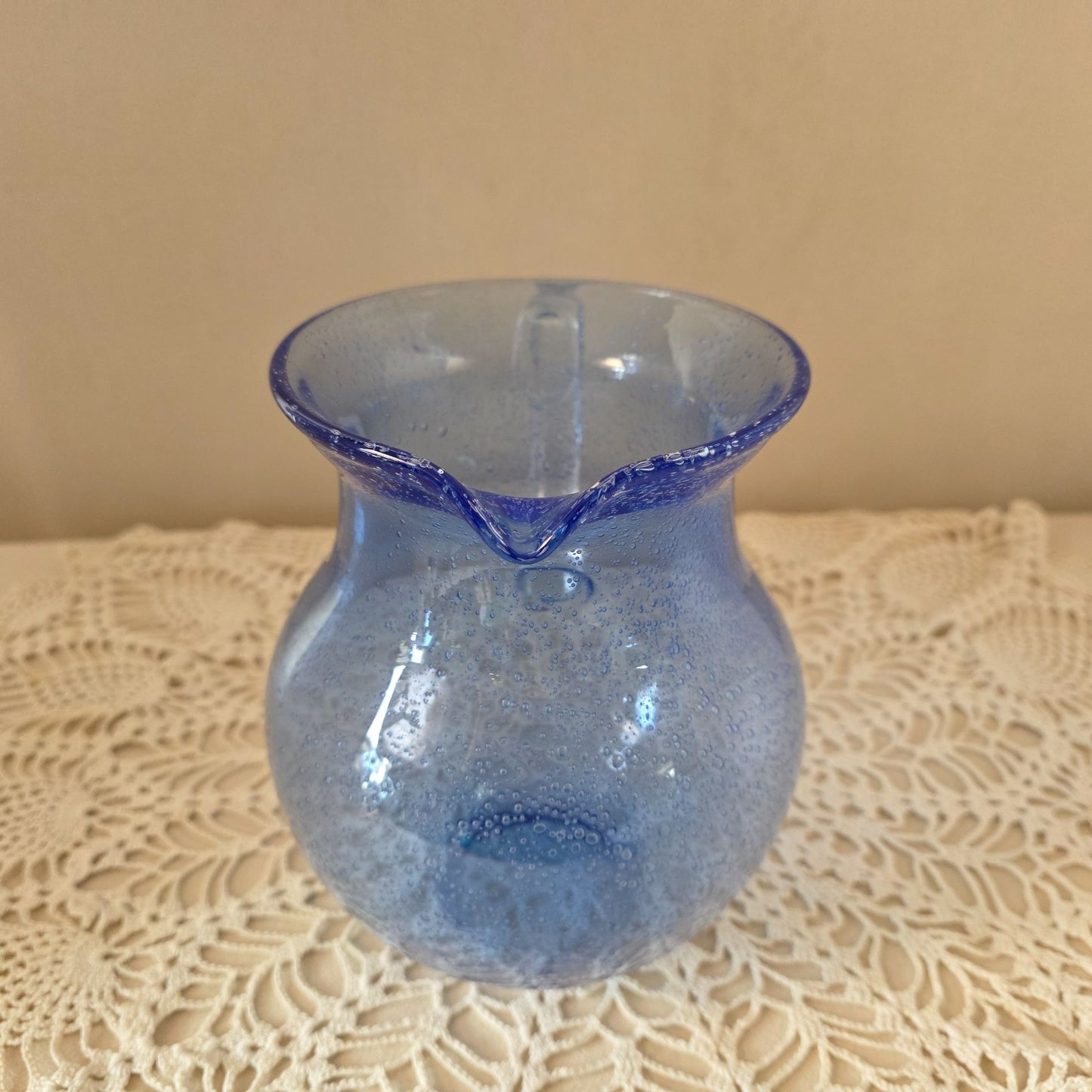 Vintage Cobalt Handblown Bubble Glass Pitcher With Clear Applied Handle