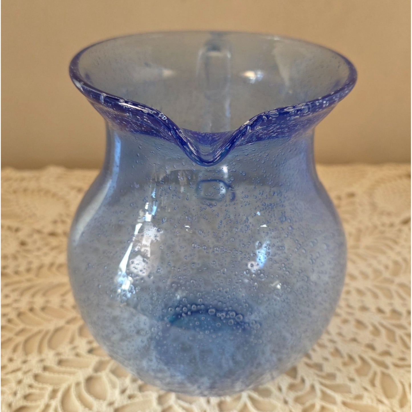 Vintage Cobalt Handblown Bubble Glass Pitcher With Clear Applied Handle