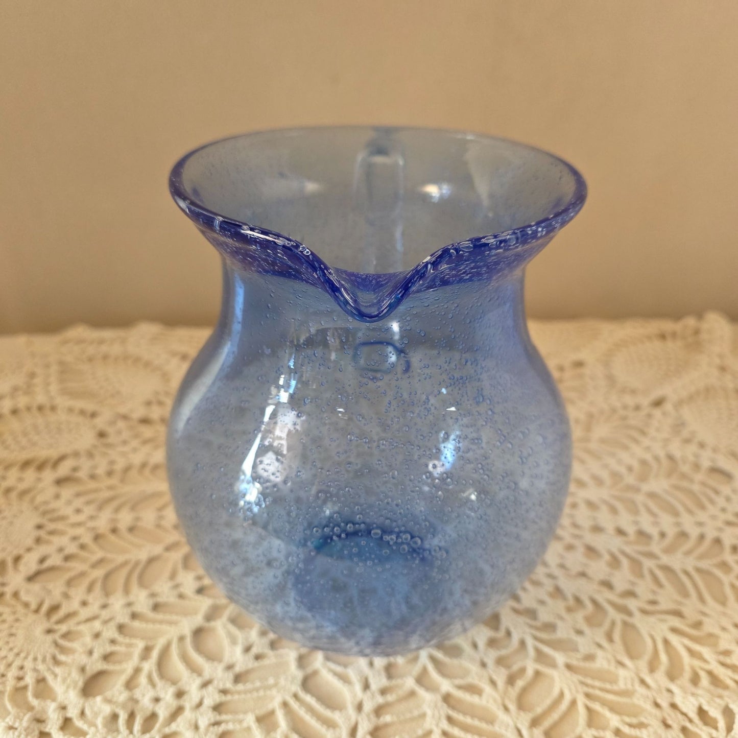 Vintage Cobalt Handblown Bubble Glass Pitcher With Clear Applied Handle