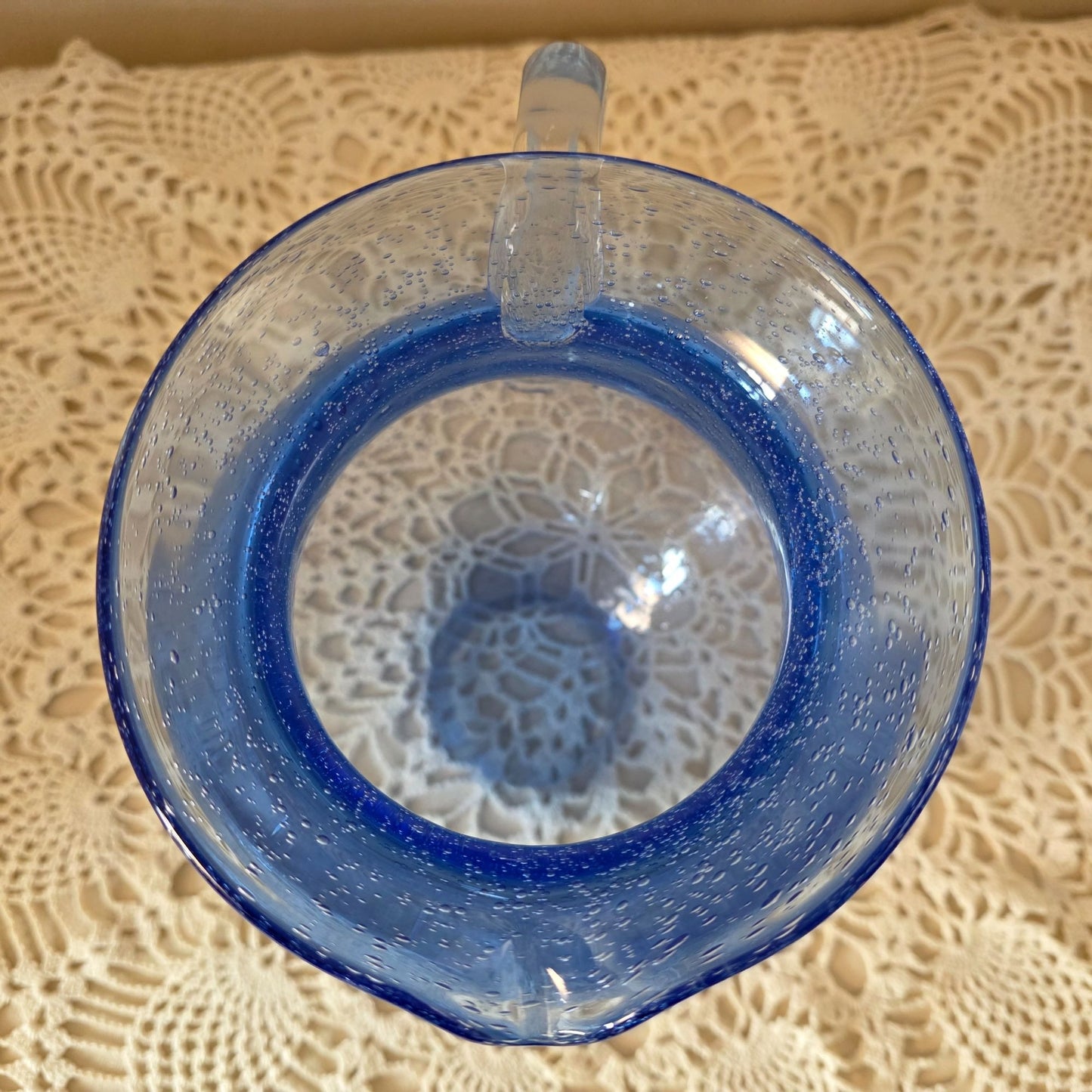 Vintage Cobalt Handblown Bubble Glass Pitcher With Clear Applied Handle