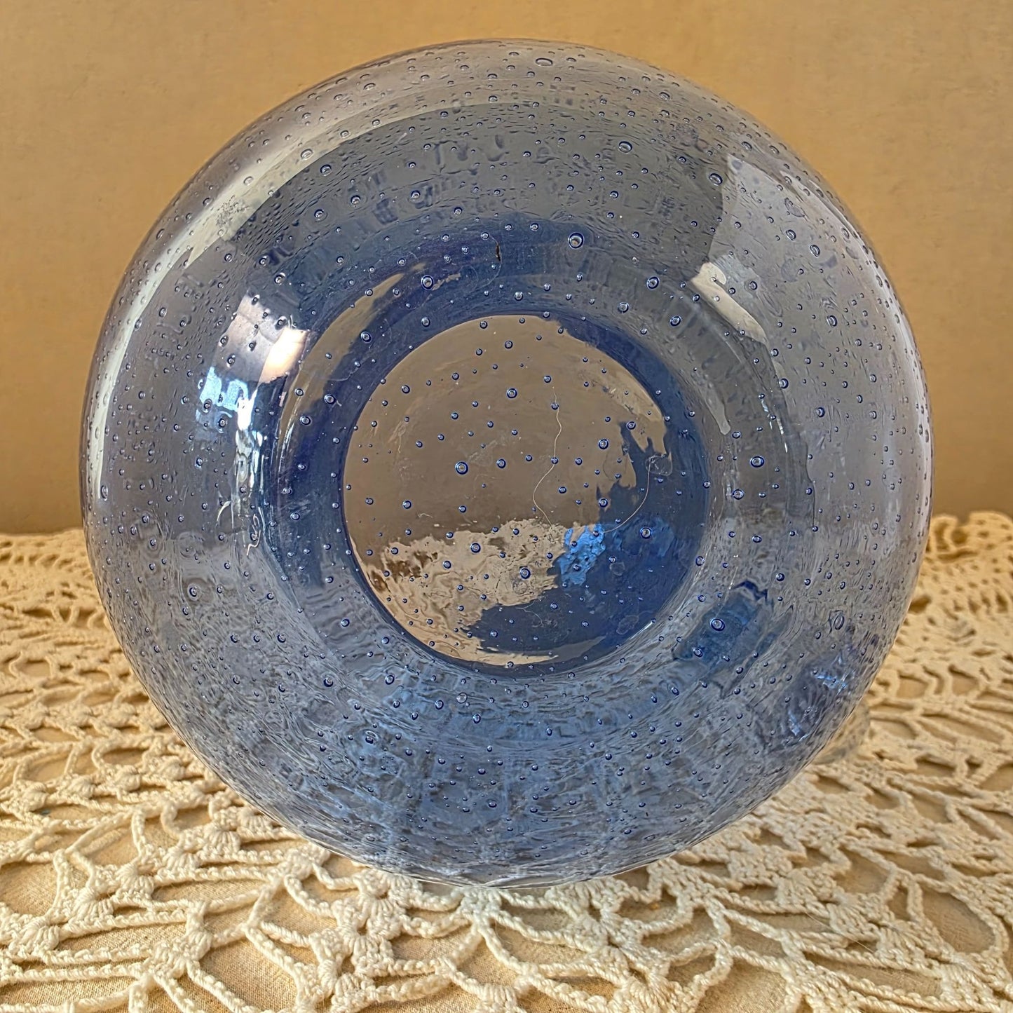 Vintage Cobalt Handblown Bubble Glass Pitcher With Clear Applied Handle