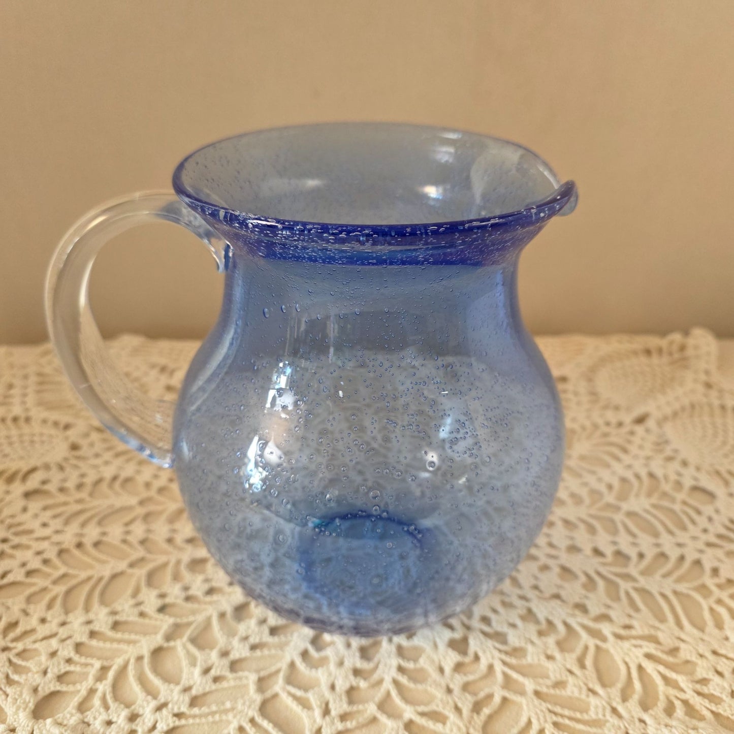 Vintage Cobalt Handblown Bubble Glass Pitcher With Clear Applied Handle