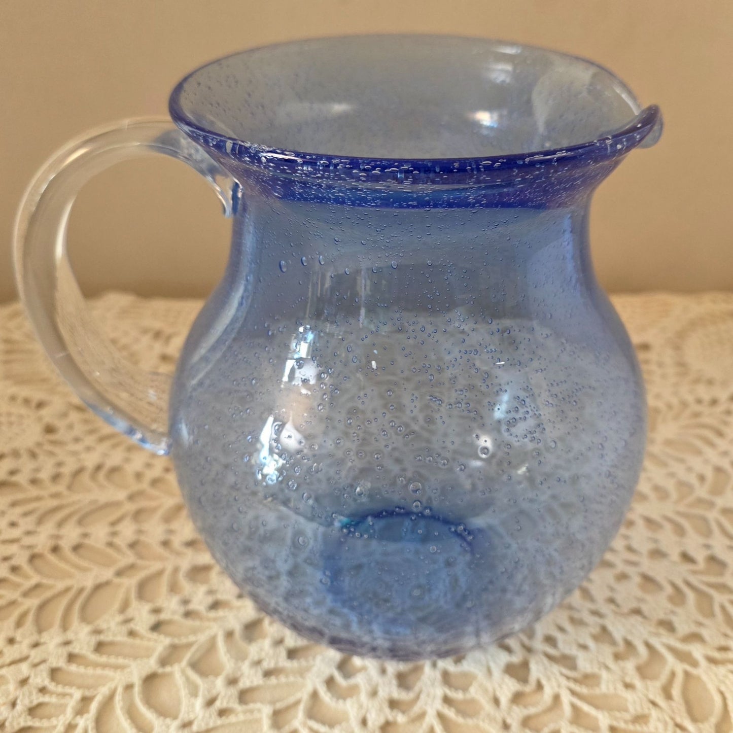 Vintage Cobalt Handblown Bubble Glass Pitcher With Clear Applied Handle
