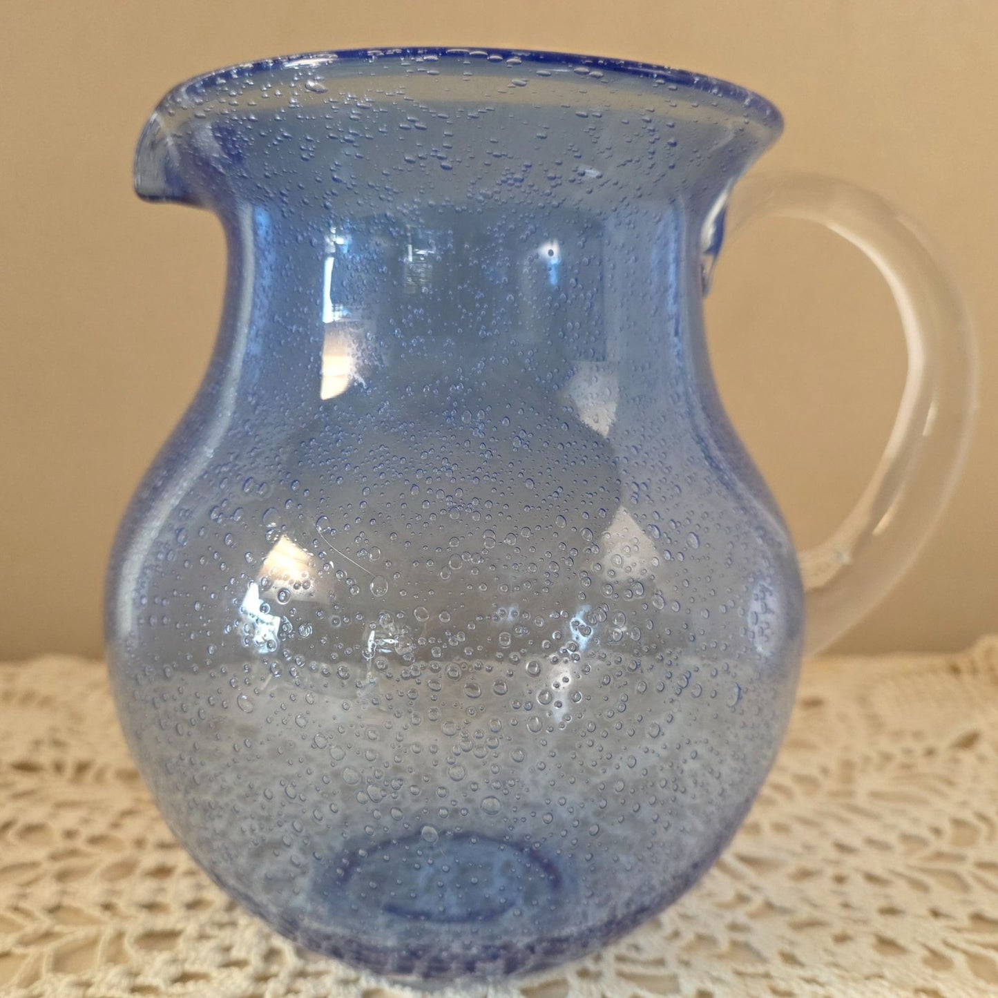 Vintage Cobalt Handblown Bubble Glass Pitcher With Clear Applied Handle