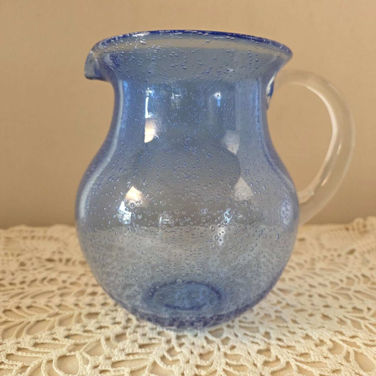 Vintage Cobalt Handblown Bubble Glass Pitcher With Clear Applied Handle