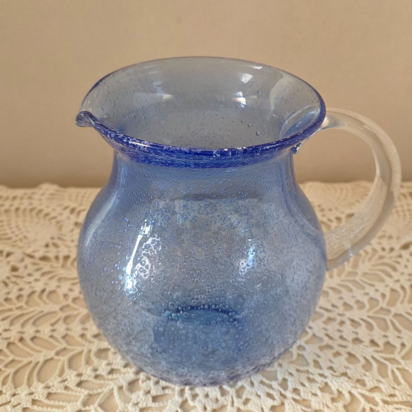 Vintage Cobalt Handblown Bubble Glass Pitcher With Clear Applied Handle