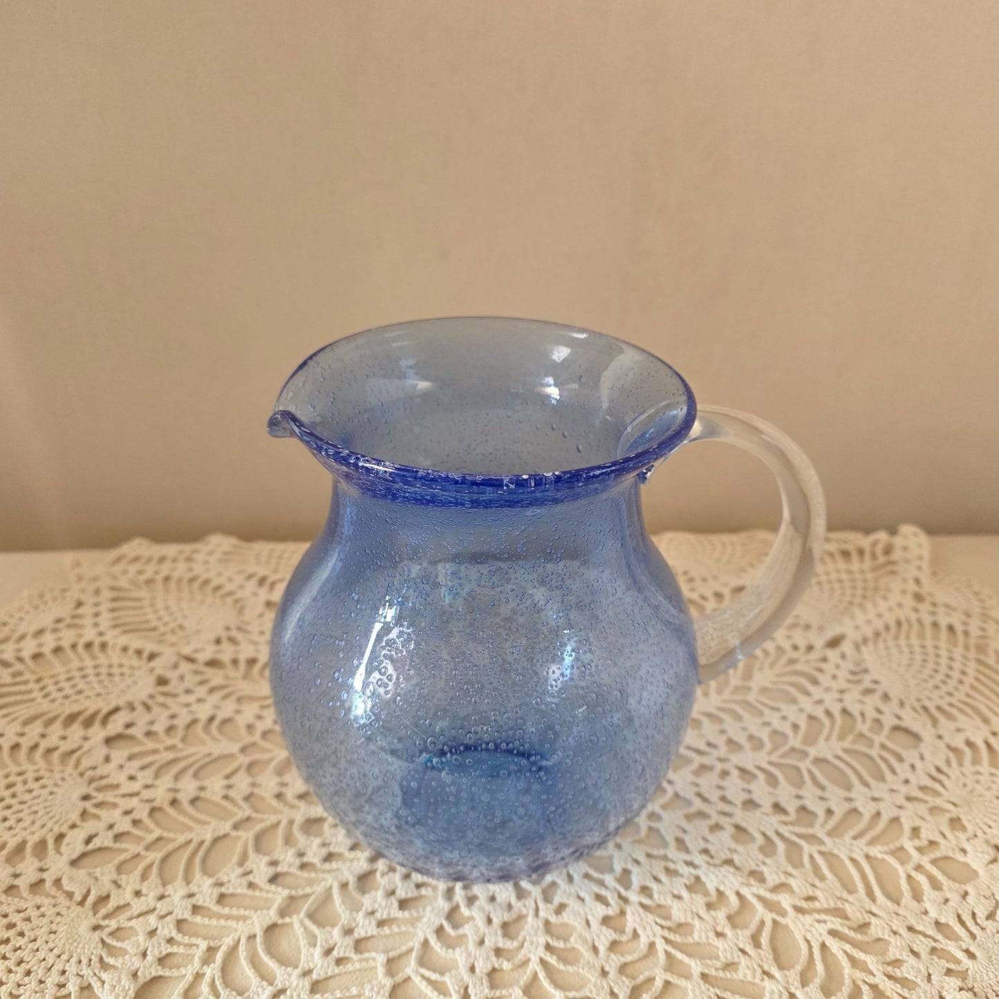 Vintage Cobalt Handblown Bubble Glass Pitcher With Clear Applied Handle