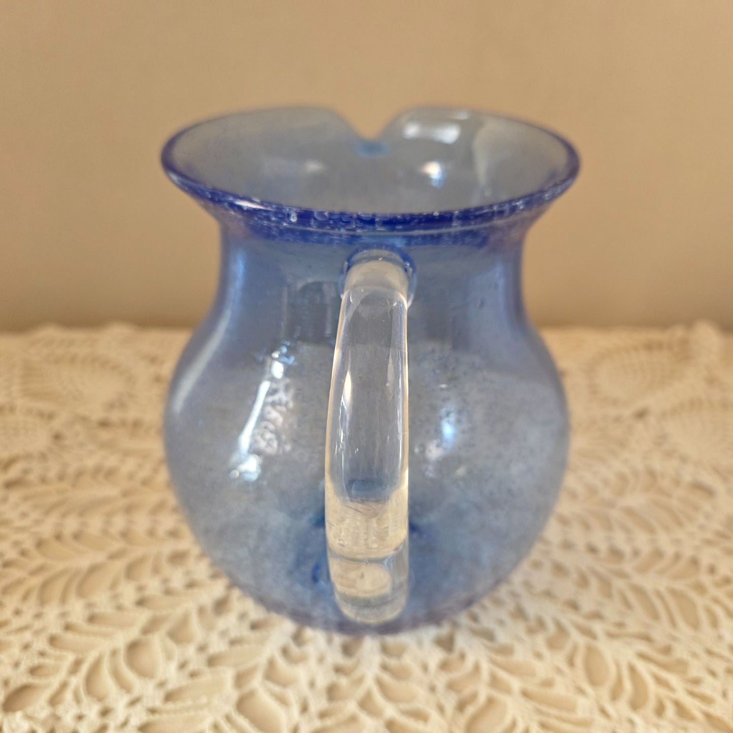 Vintage Cobalt Handblown Bubble Glass Pitcher With Clear Applied Handle