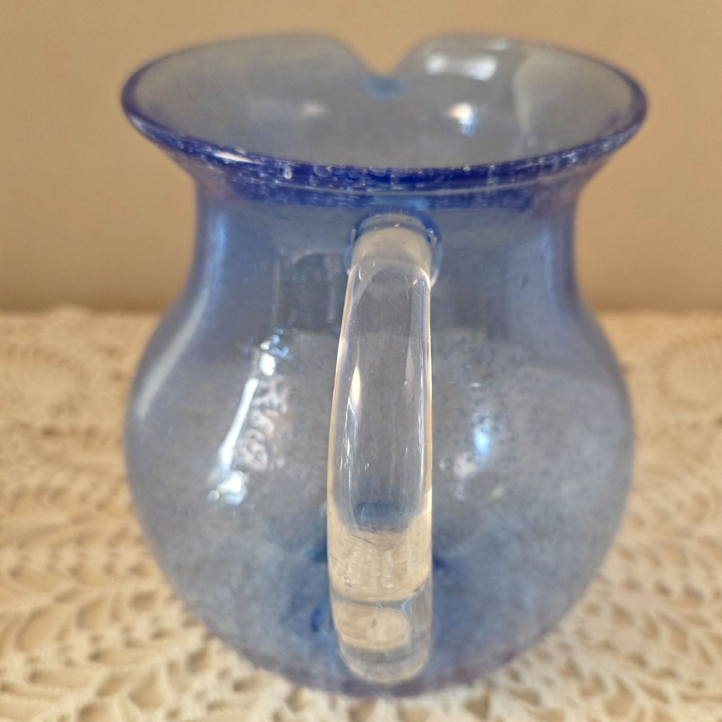 Vintage Cobalt Handblown Bubble Glass Pitcher With Clear Applied Handle