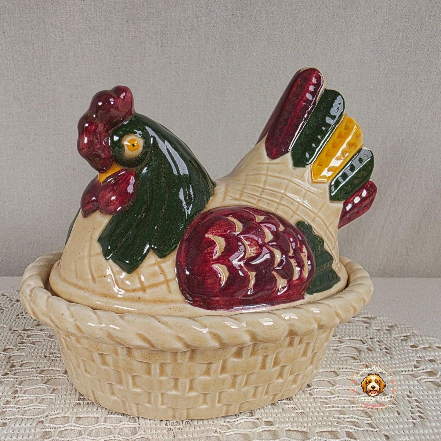 Metlox PoppyTrail Ceramic Chicken Covered Dish Basketweave Design 6.5" x 5.25" x 6" Multicolor