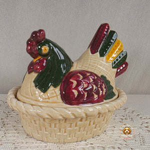 Metlox PoppyTrail Ceramic Chicken Covered Dish Basketweave Design 6.5" x 5.25" x 6" Multicolor