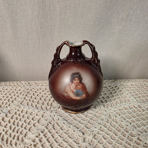 Austrian Porcelain Portrait Vase Art Nouveau Style Victorian Era 5" Brown With Gold Details Late 19th To Early 20th Century
