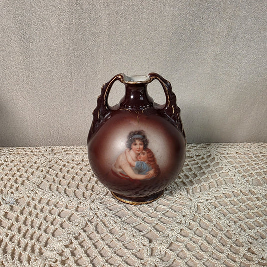 Austrian Porcelain Portrait Vase Art Nouveau Style Victorian Era 5" Brown With Gold Details Late 19th To Early 20th Century
