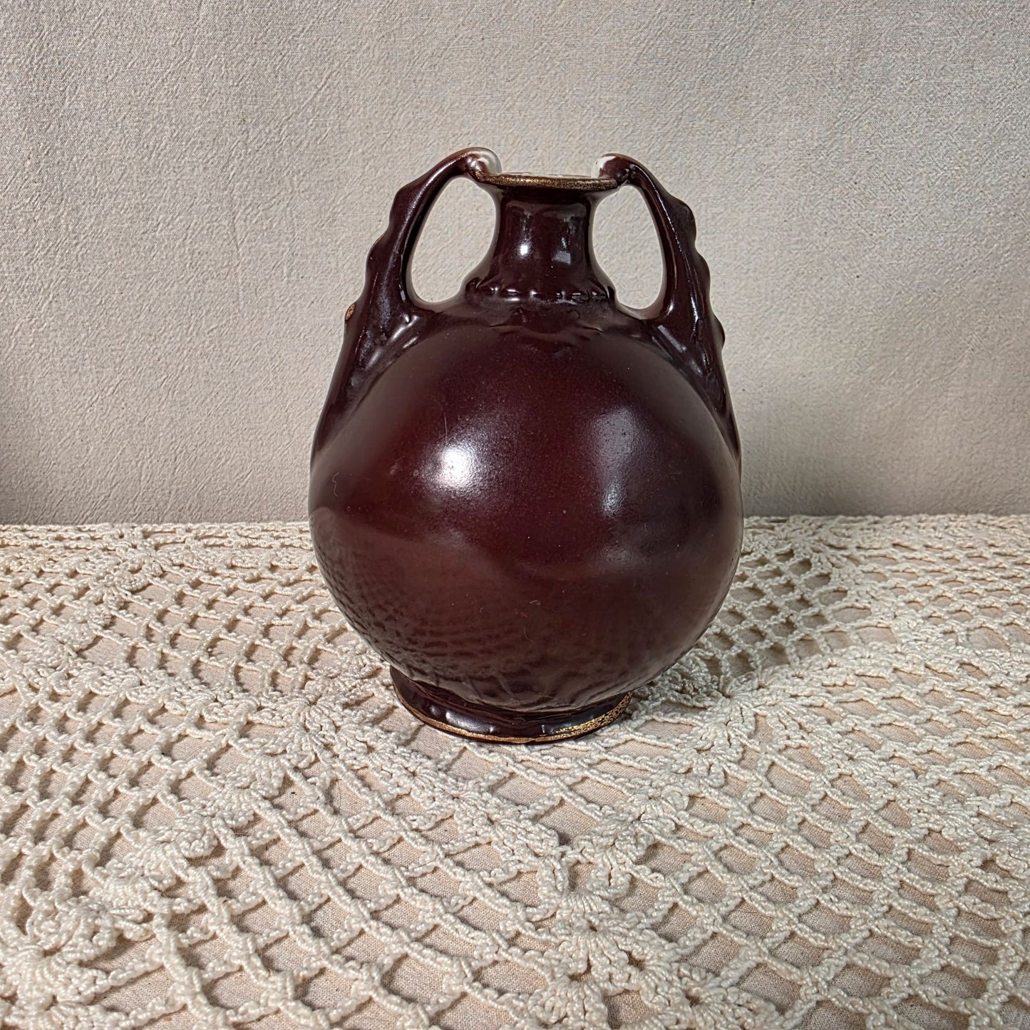 Austrian Porcelain Portrait Vase Art Nouveau Style Victorian Era 5" Brown With Gold Details Late 19th To Early 20th Century