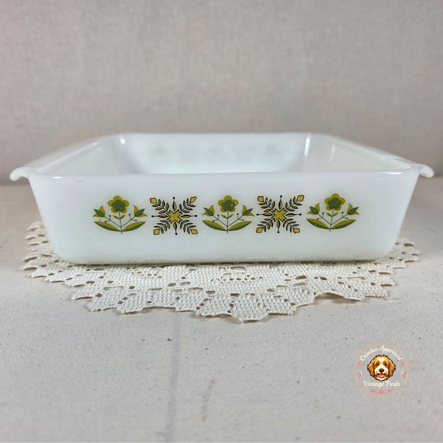 Fire King Garden Meadows Square Baking Dish 8"x8" Milk Glass With Green Floral Pattern