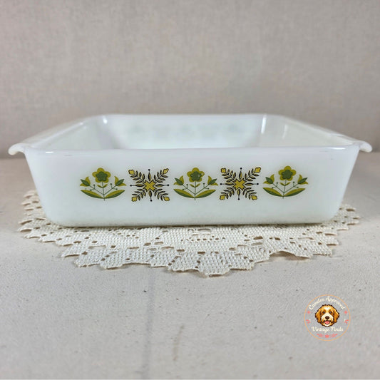 Fire King Garden Meadows Square Baking Dish 8"x8" Milk Glass With Green Floral Pattern