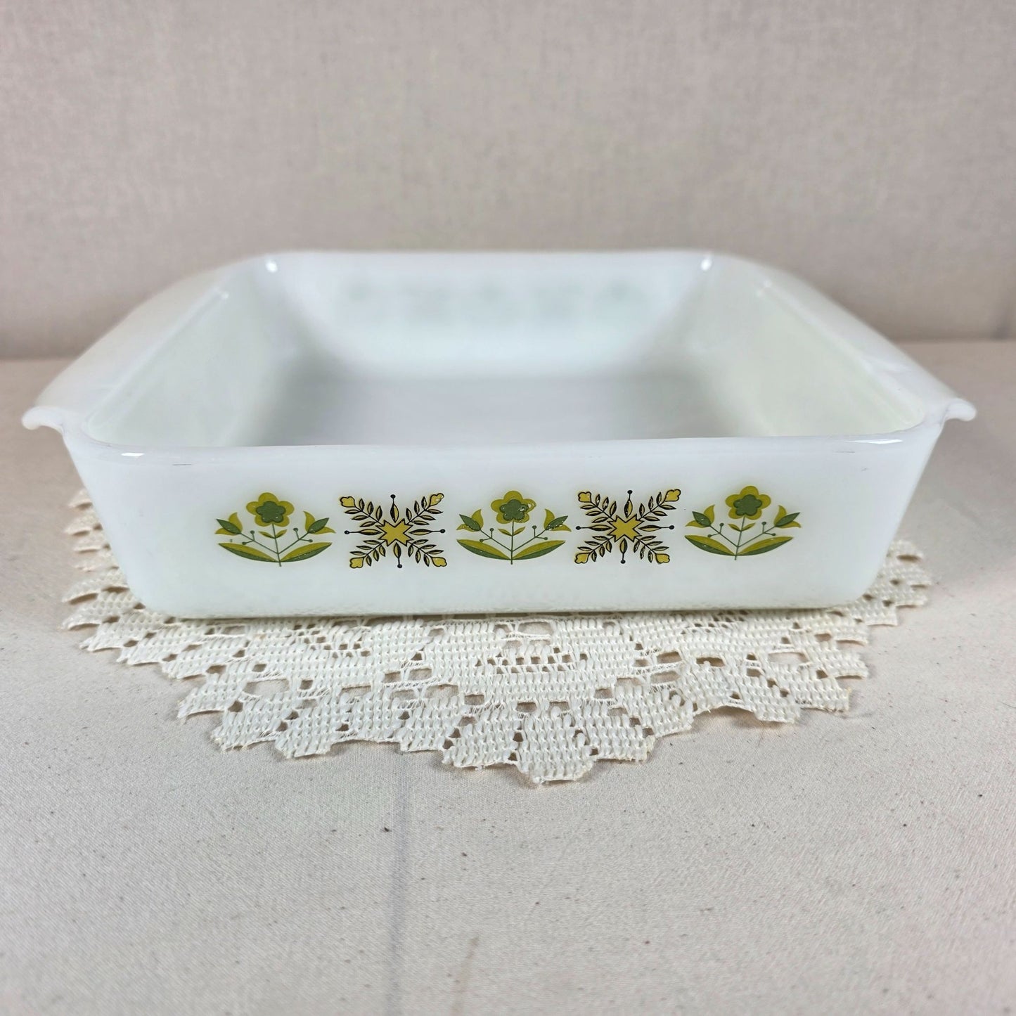 Fire King Garden Meadows Square Baking Dish 8"x8" Milk Glass With Green Floral Pattern