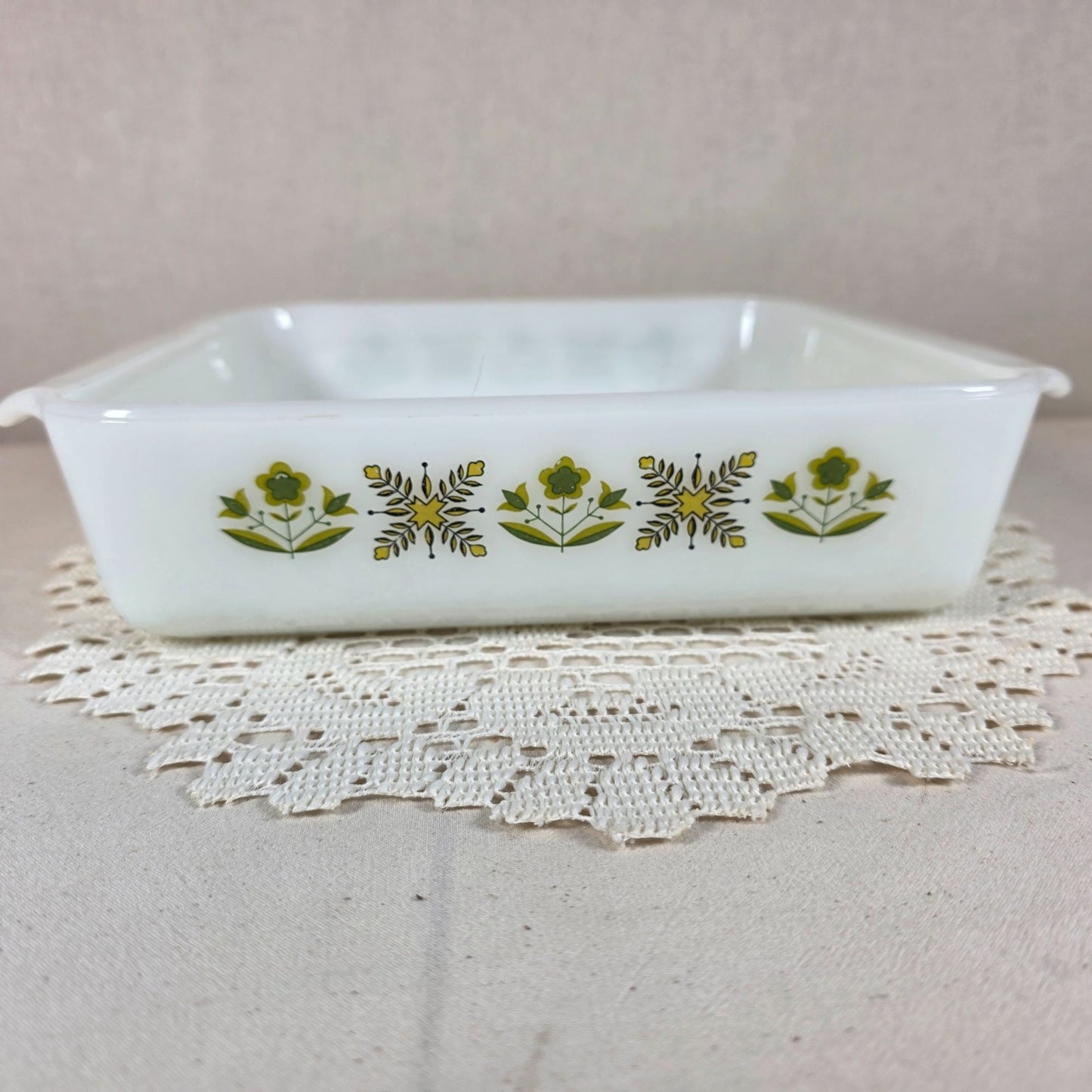 Fire King Garden Meadows Square Baking Dish 8"x8" Milk Glass With Green Floral Pattern