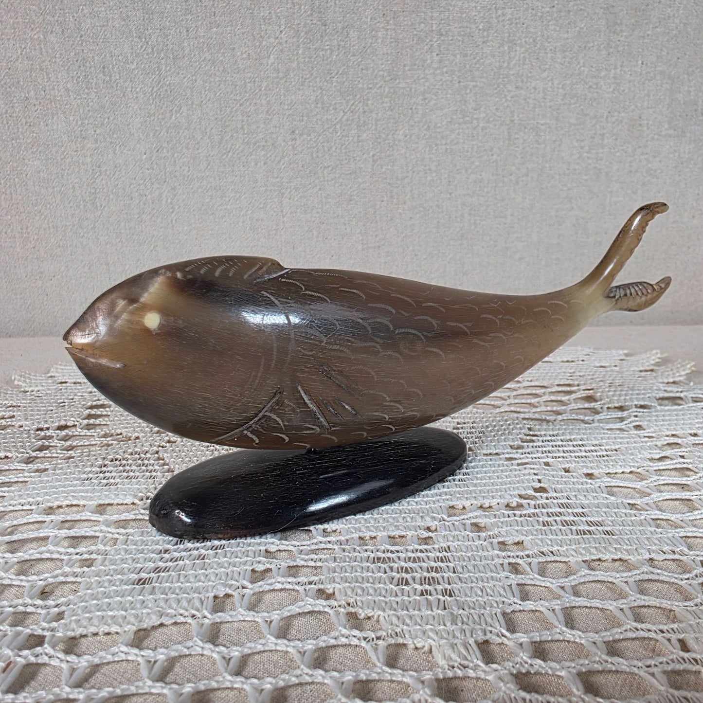 Vintage Horn Carved Fish Sculpture With Dark Base