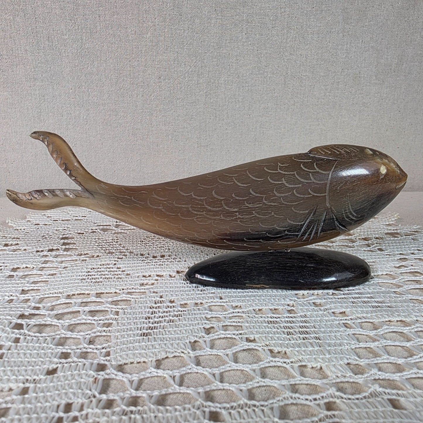 Vintage Horn Carved Fish Sculpture With Dark Base