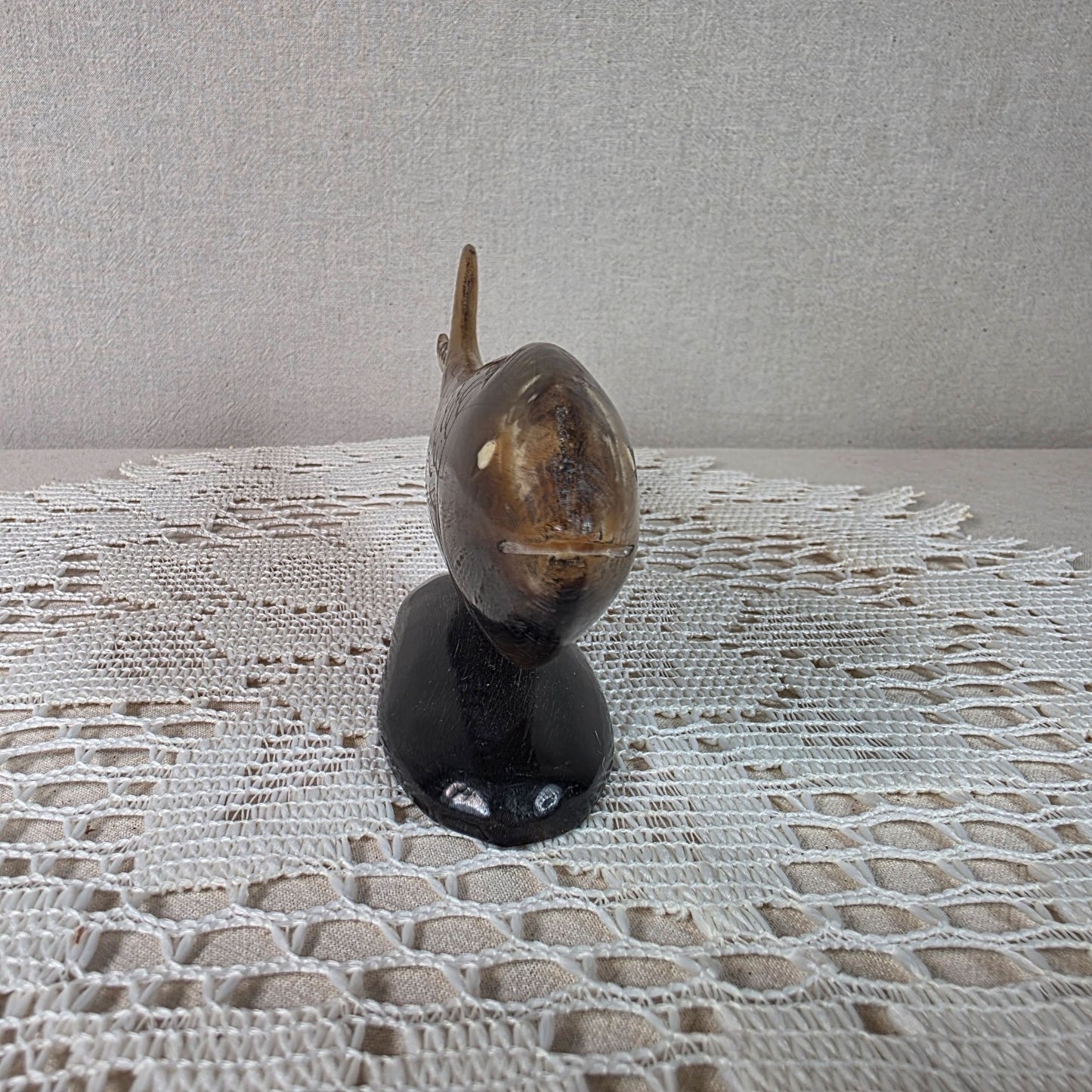 Vintage Horn Carved Fish Sculpture With Dark Base