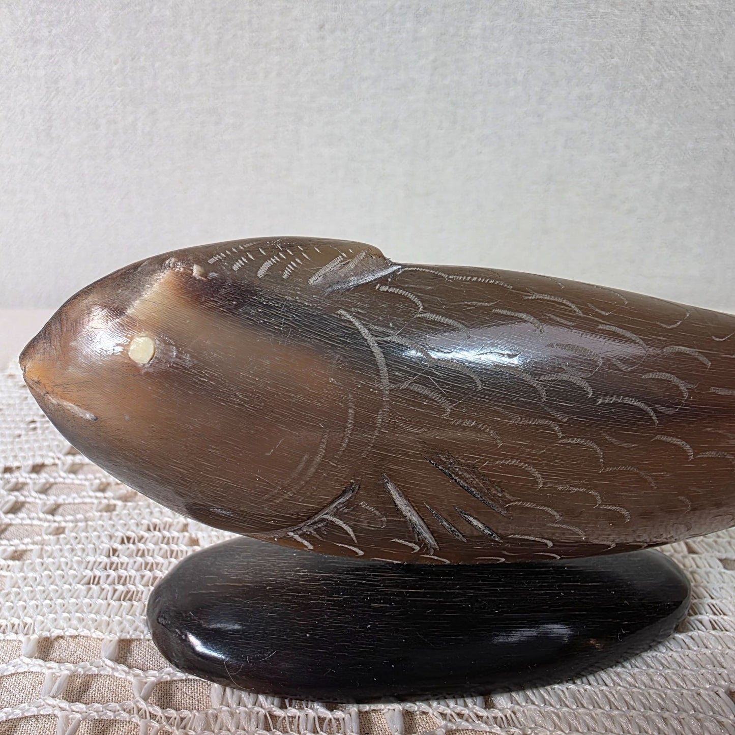 Vintage Horn Carved Fish Sculpture With Dark Base