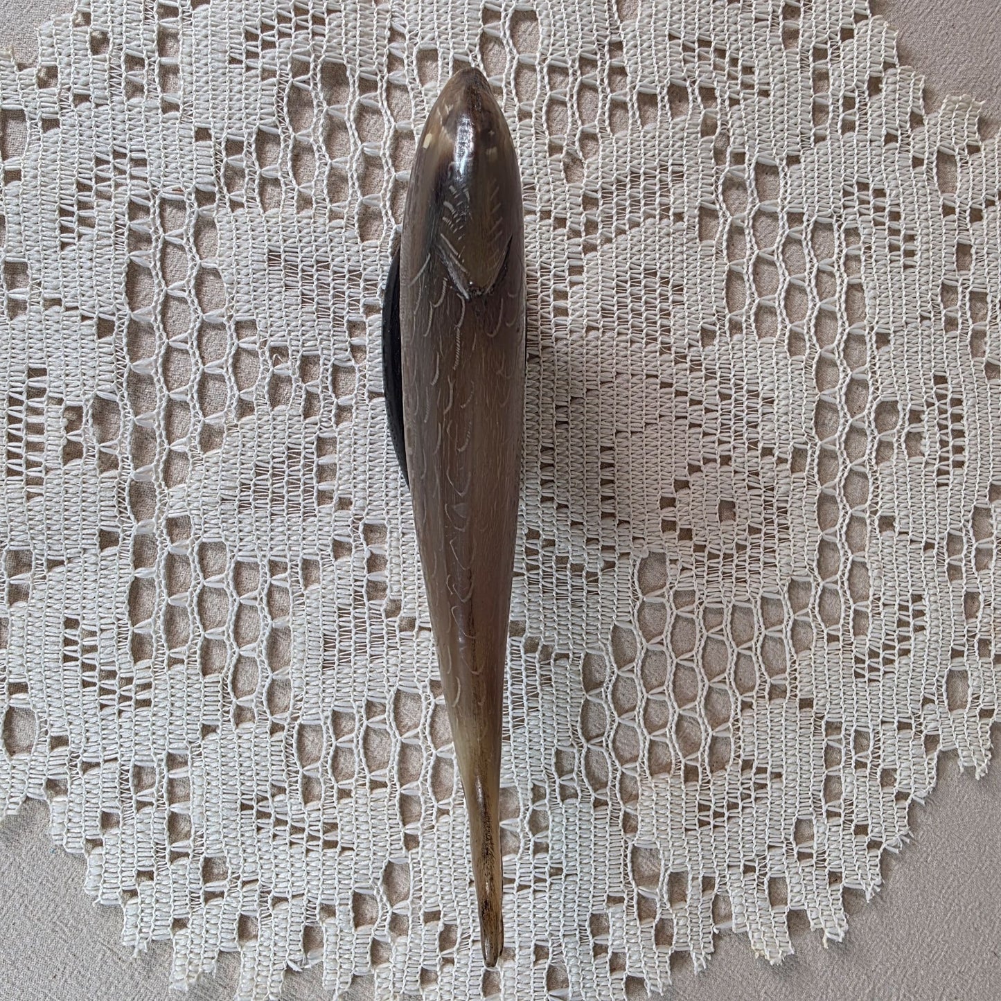 Vintage Horn Carved Fish Sculpture With Dark Base