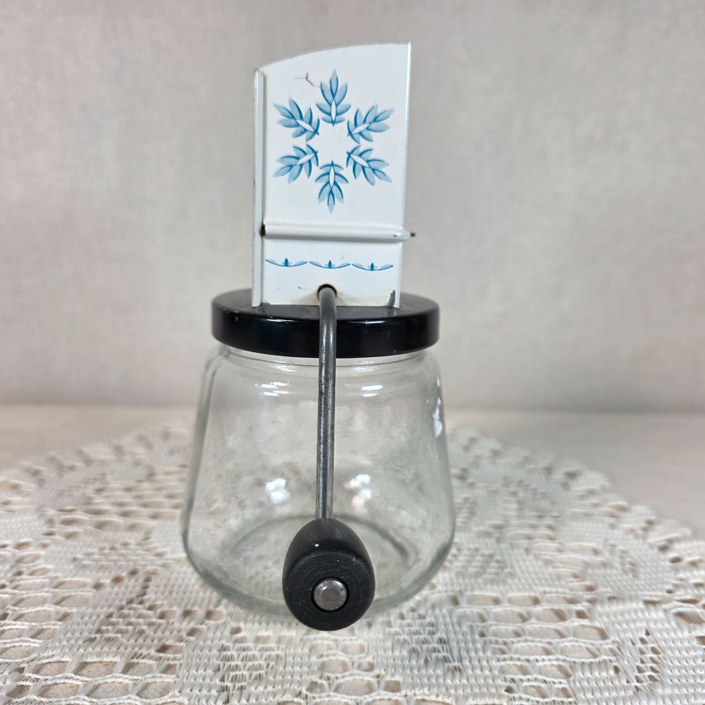 Vintage Androck Nut Grinder With Blue Snowflake Pattern Tin & Glass Made In USA
