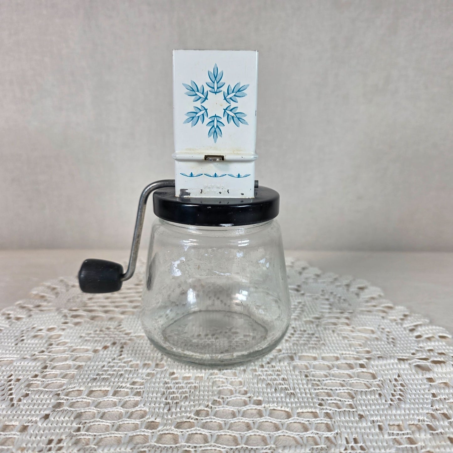 Vintage Androck Nut Grinder With Blue Snowflake Pattern Tin & Glass Made In USA