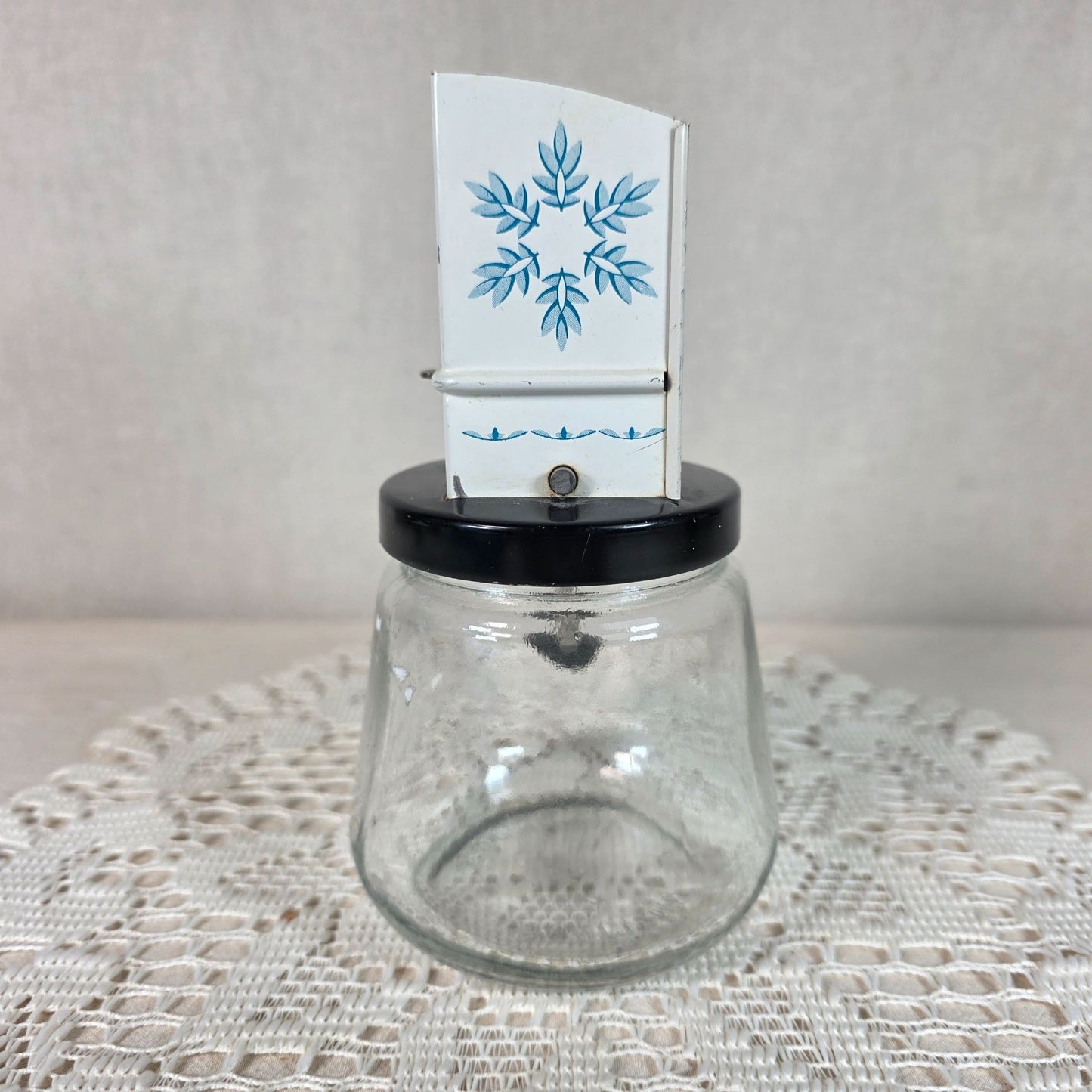 Vintage Androck Nut Grinder With Blue Snowflake Pattern Tin & Glass Made In USA