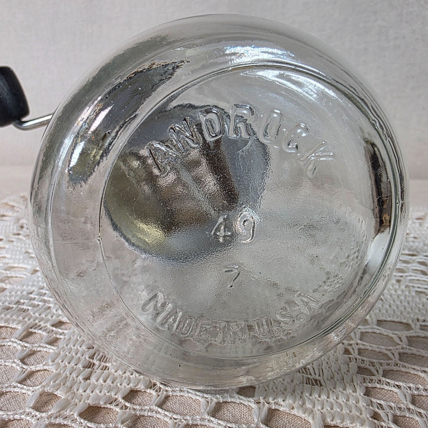 Vintage Androck Nut Grinder With Blue Snowflake Pattern Tin & Glass Made In USA