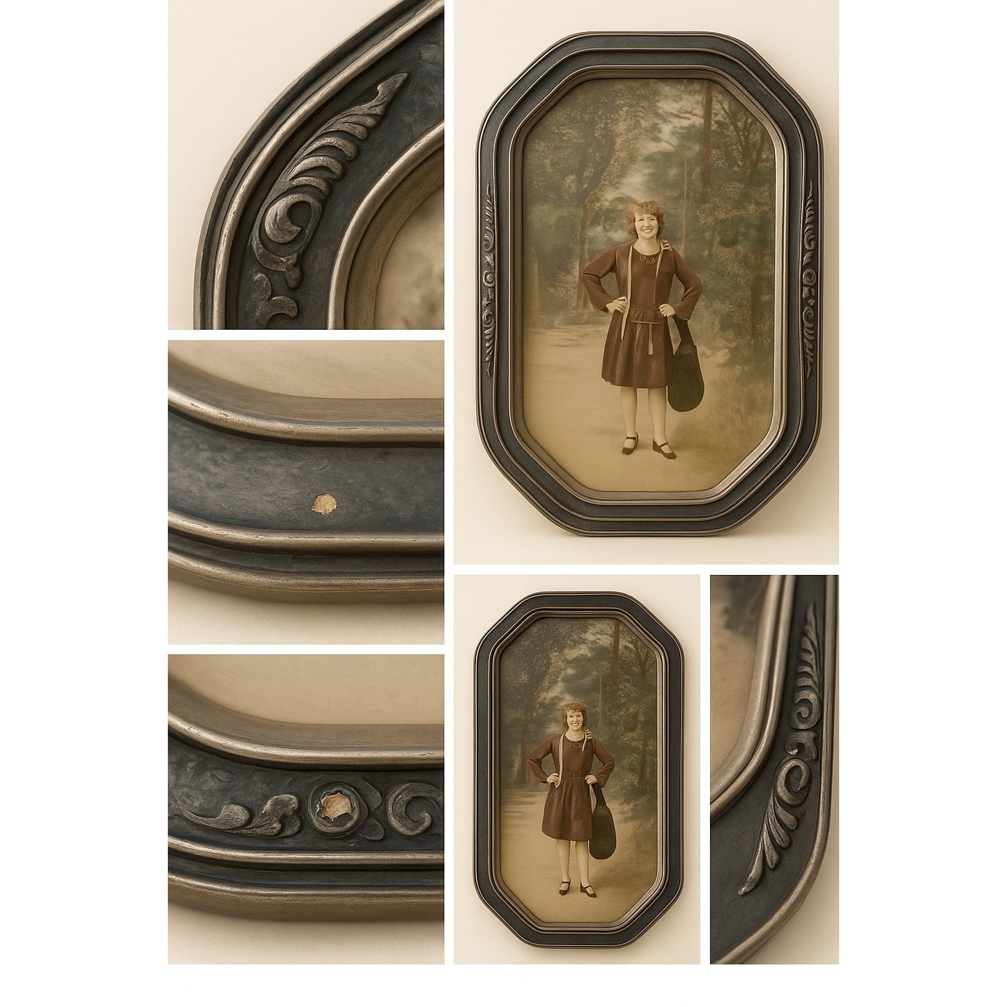 Antique Hand-Tinted Portrait Photograph – Early 1900s Woman, Original Frame – Vi
