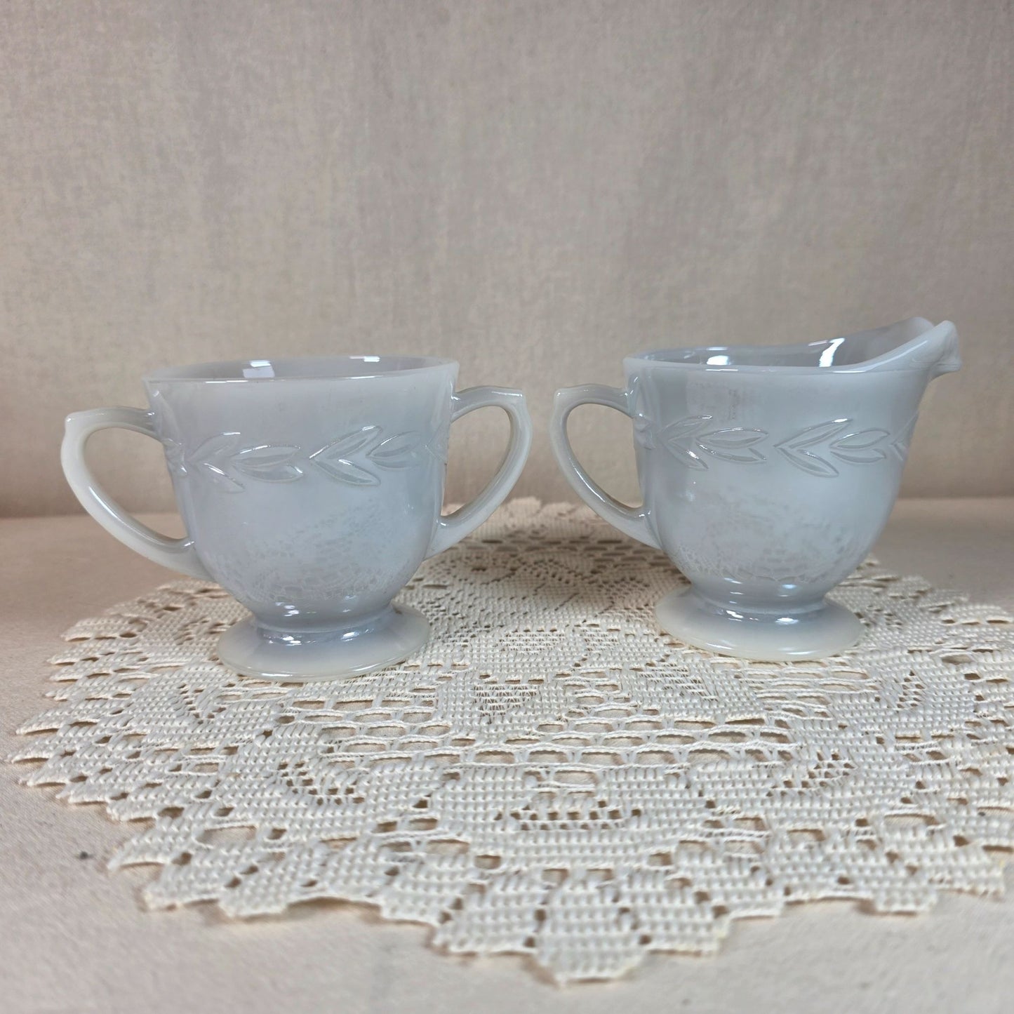 Fire King Laurel Gray Milk Glass Creamer & Sugar Set Vintage Collectibles