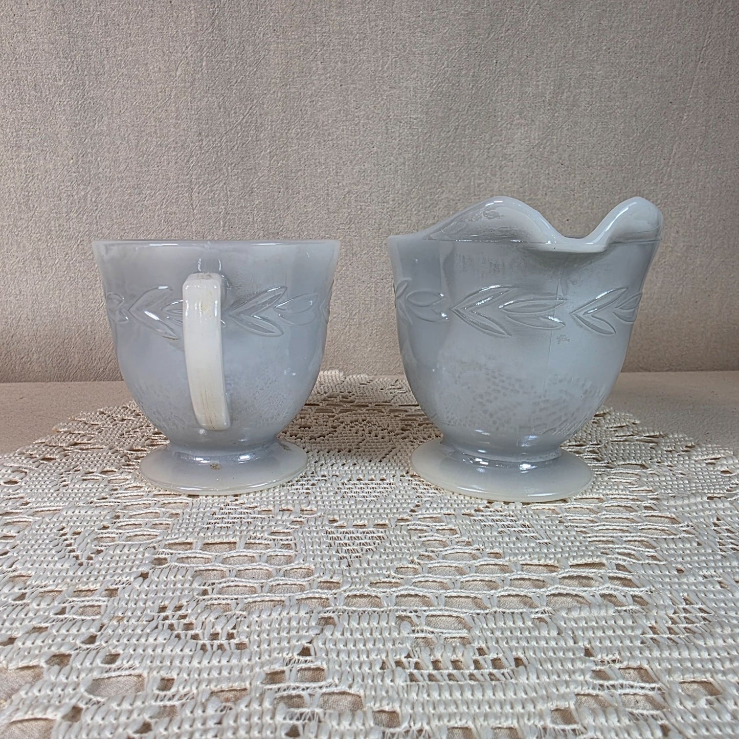 Fire King Laurel Gray Milk Glass Creamer & Sugar Set Vintage Collectibles