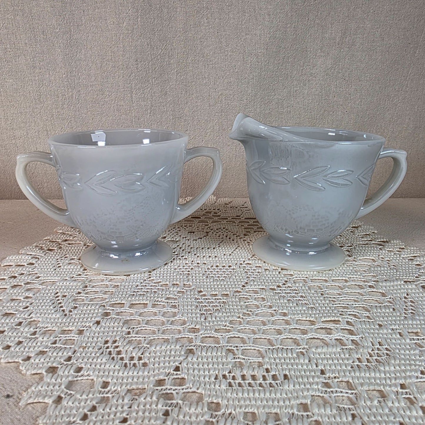 Fire King Laurel Gray Milk Glass Creamer & Sugar Set Vintage Collectibles