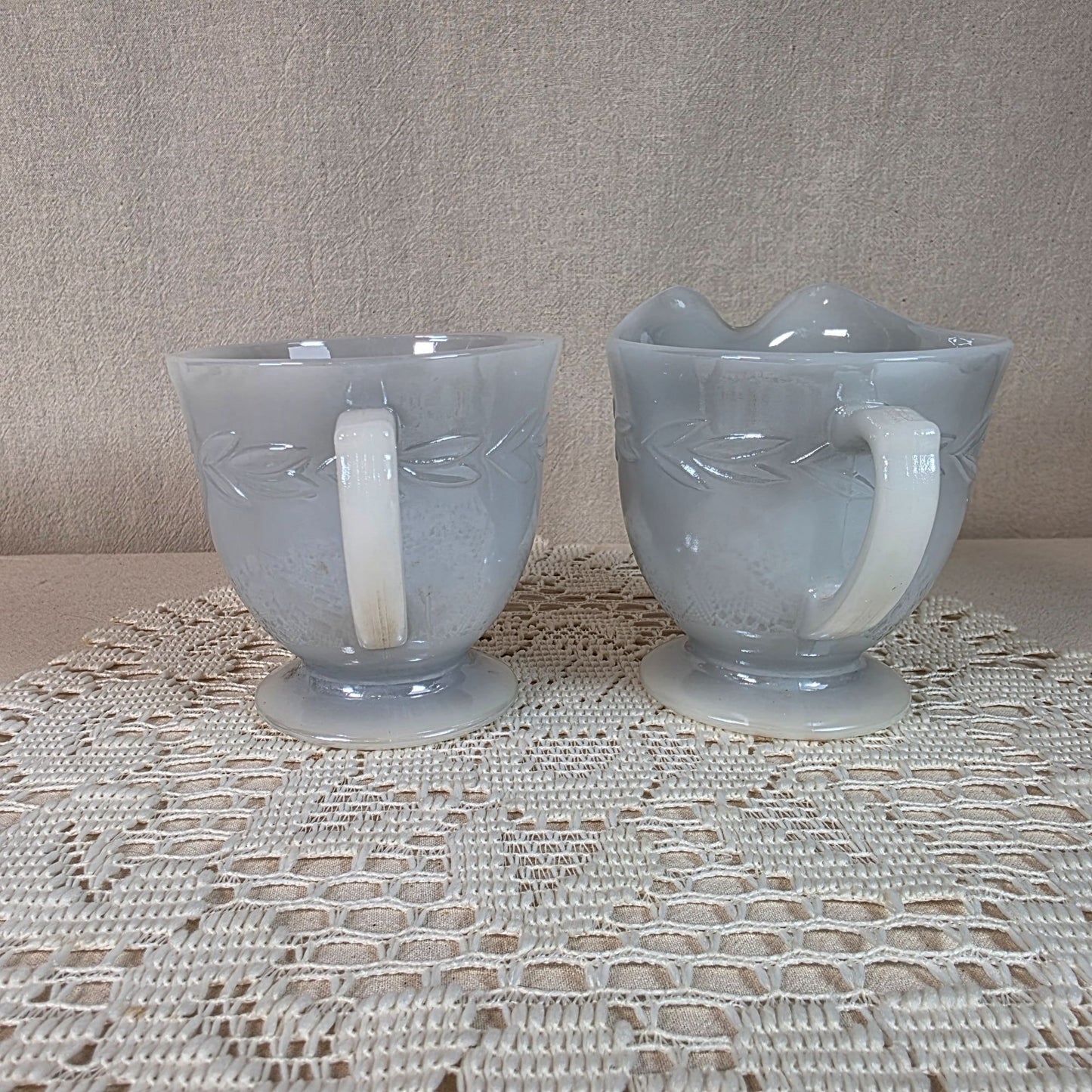 Fire King Laurel Gray Milk Glass Creamer & Sugar Set Vintage Collectibles