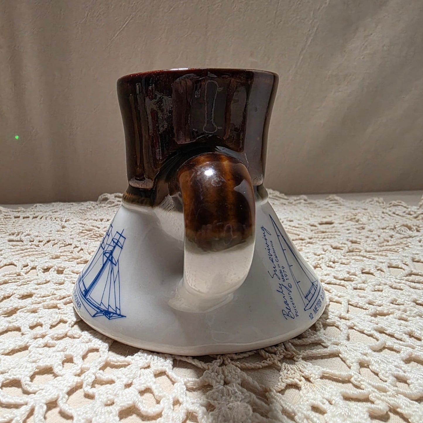 Vintage Ceramic Mug With Nautical Ship Illustrations & Brown Glaze Handle
