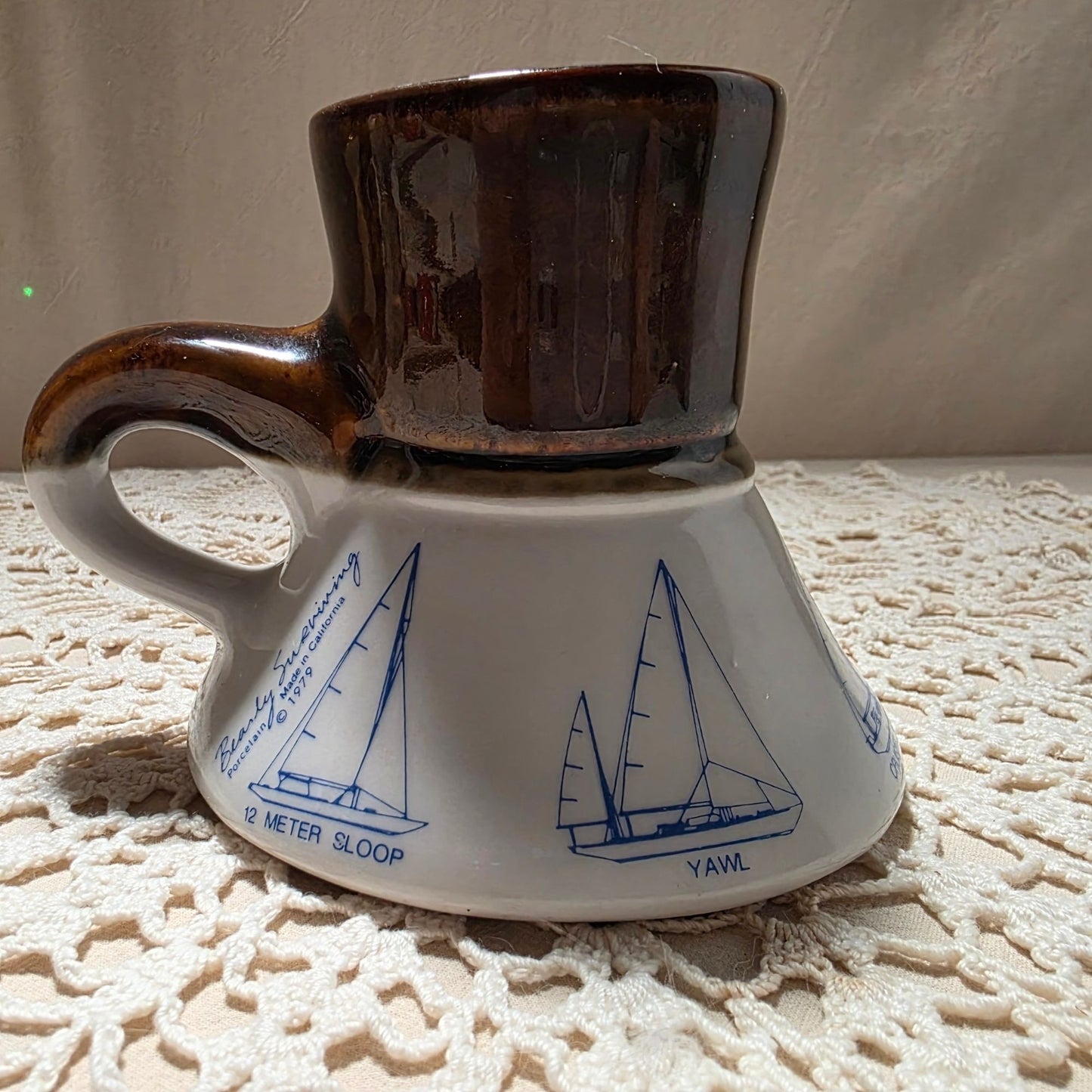Vintage Ceramic Mug With Nautical Ship Illustrations & Brown Glaze Handle