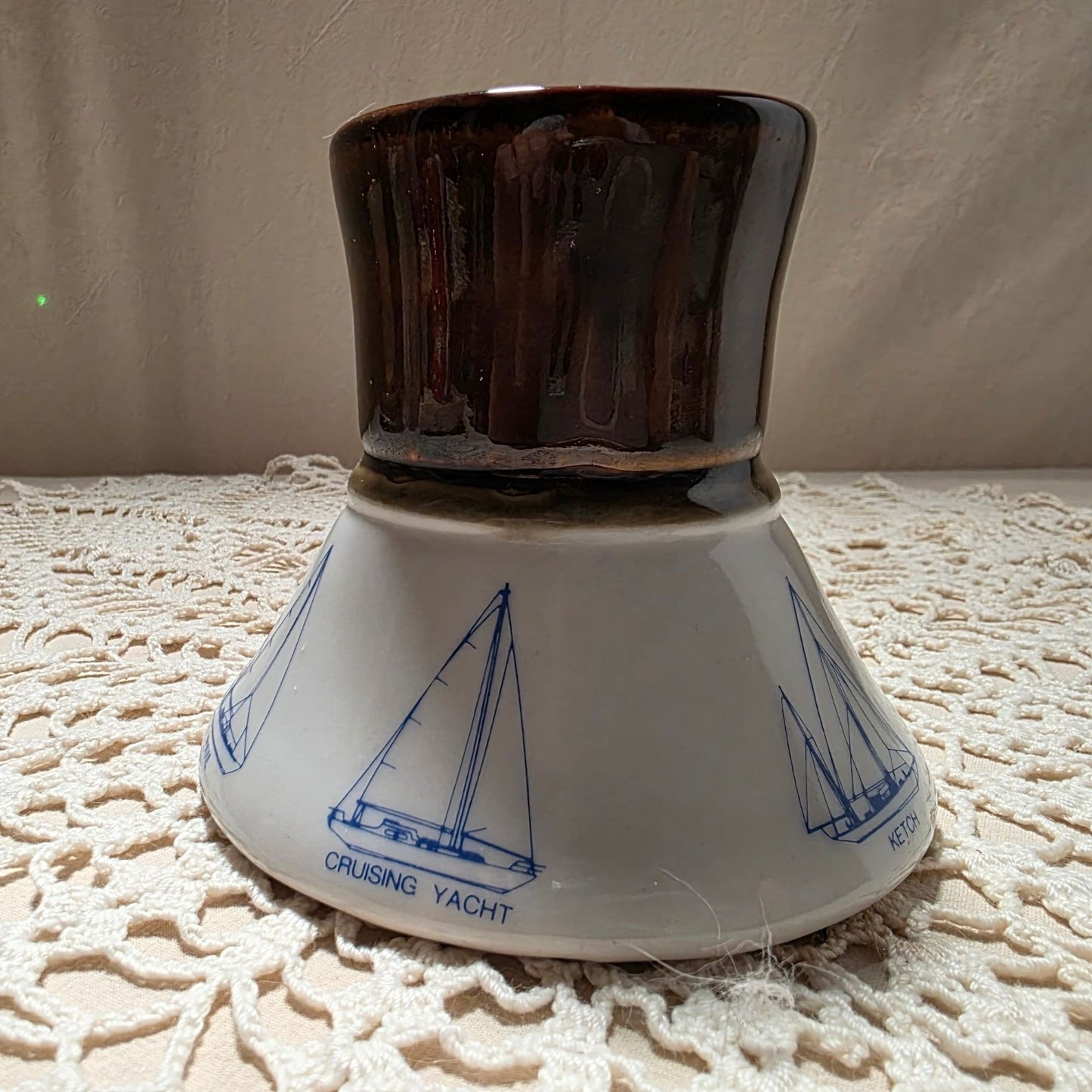 Vintage Ceramic Mug With Nautical Ship Illustrations & Brown Glaze Handle