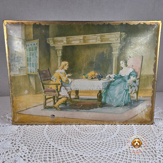 Antique NBC Uneeda Biscuit Tin Lithograph Victorian Scene Hinged Storage Box 11.25"