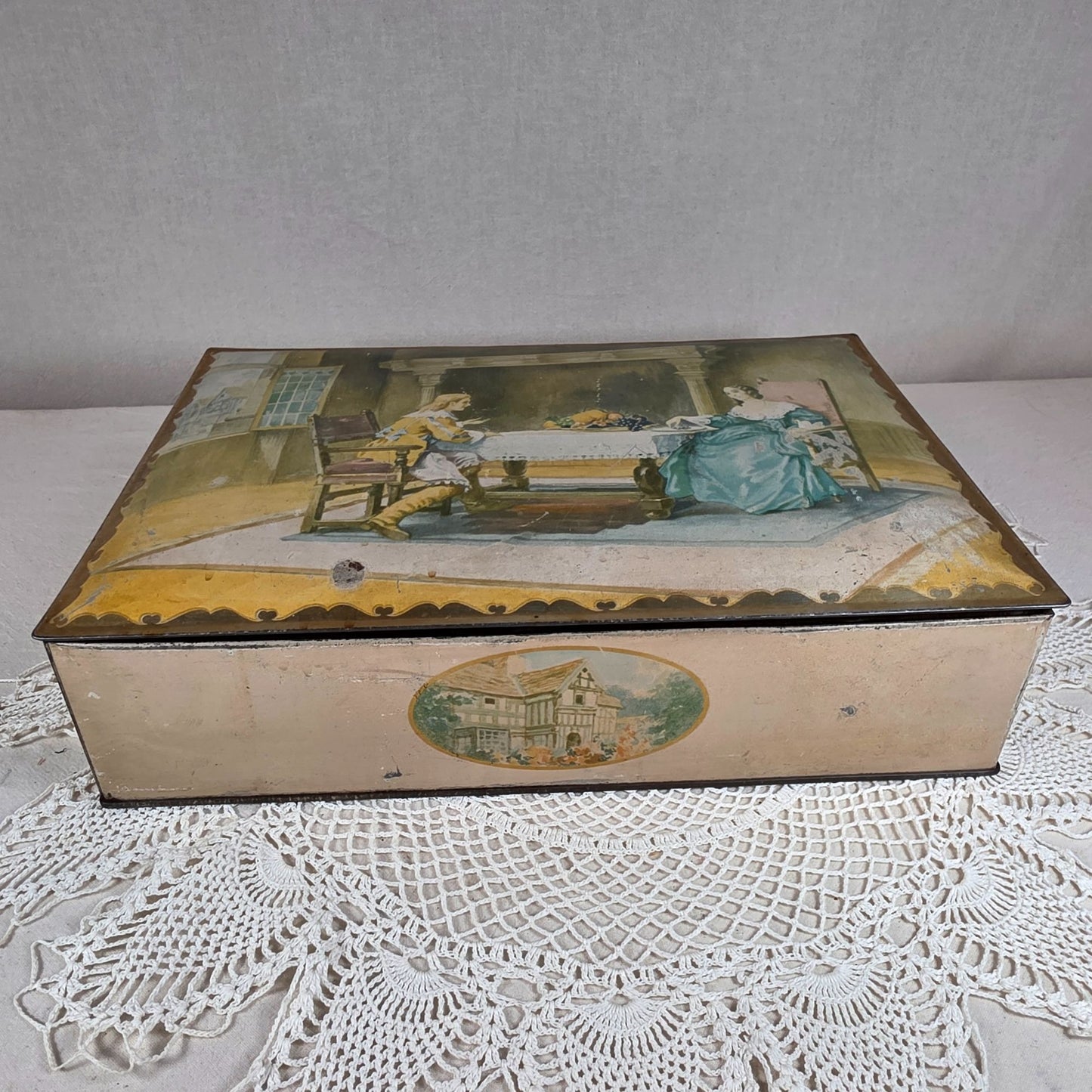 Antique NBC Uneeda Biscuit Tin Lithograph Victorian Scene Hinged Storage Box 11.25"
